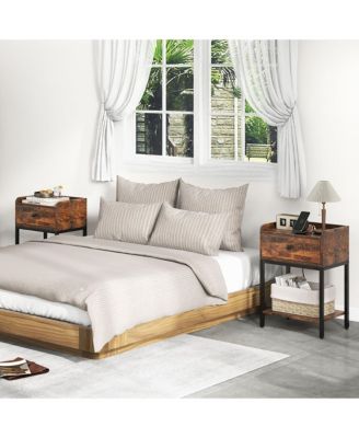 2 PCS Nightstand Side End Table w/ Charging Station Drawer Open Shelf