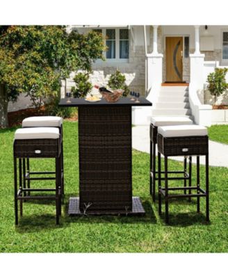 5 Pieces Patio Rattan Bar Furniture Set with Cushions and Hidden Storage Shelf