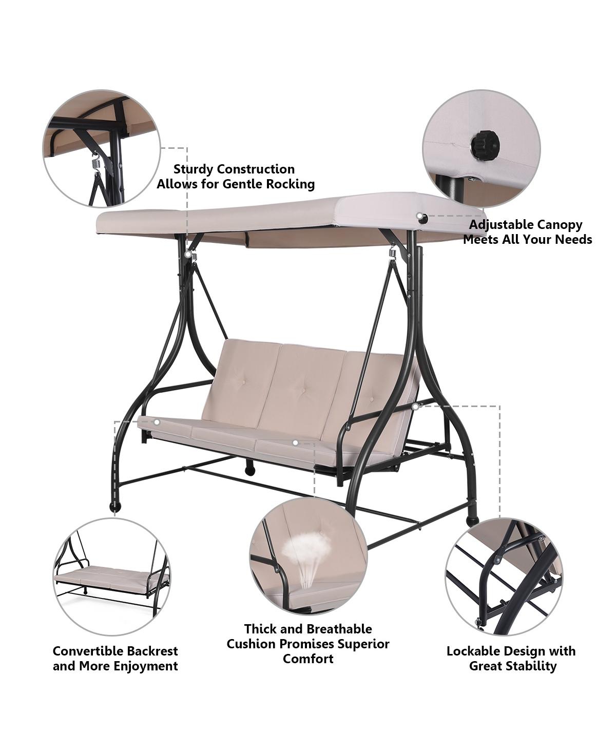 Skonyon 3 Seats Outdoor Swing Hammock with Adjustable Tilt Canopy -khaki
