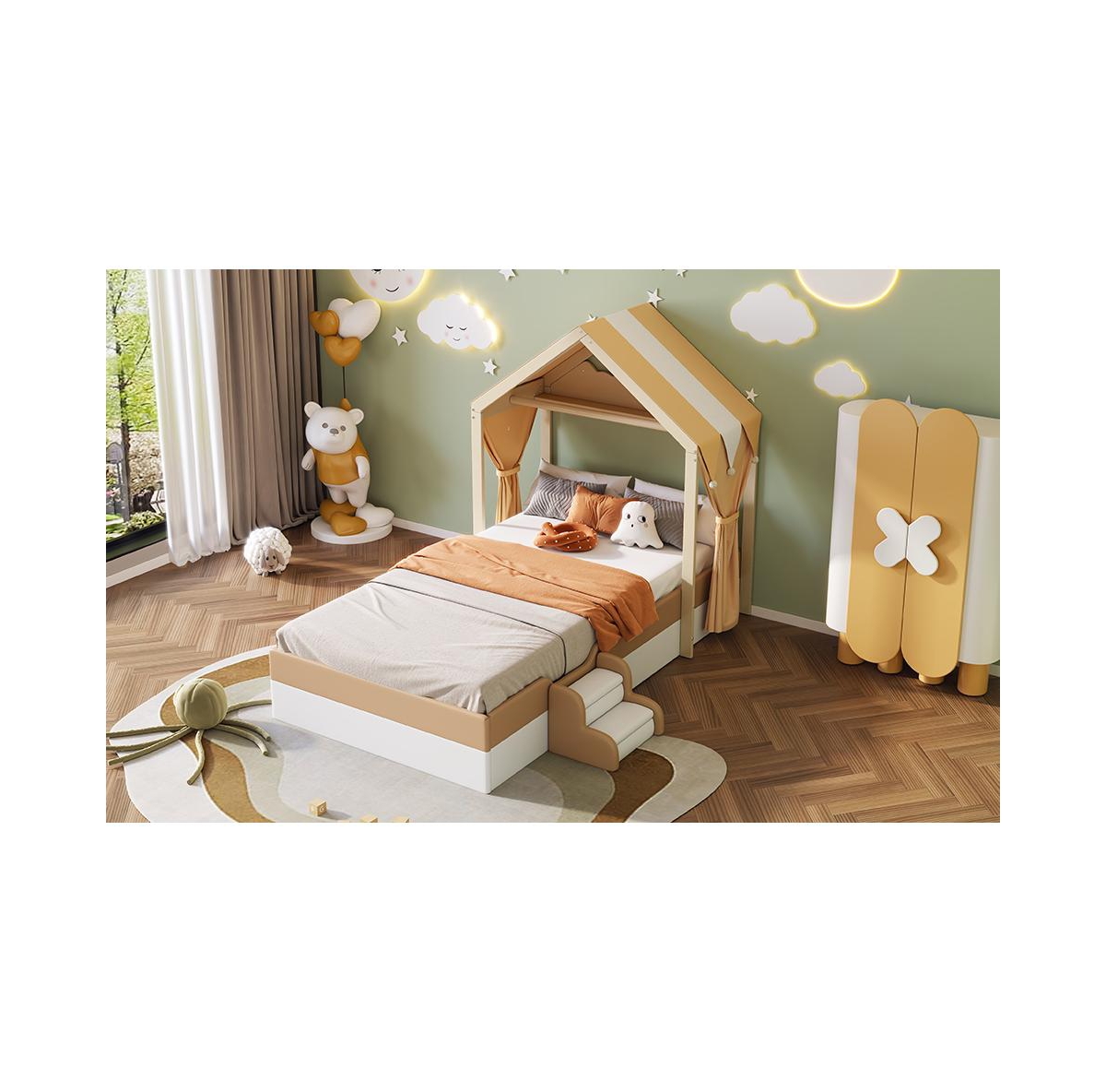 Slickblue Upholstered Twin Size House Bed with Curtains and Brown – Cozy Design for Kids' Bedrooms, Offering a Fun and Playful Sleepin