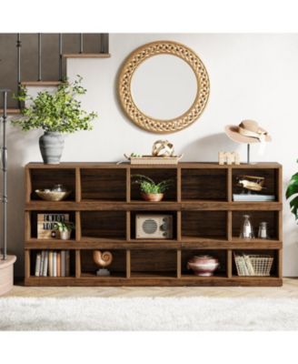 63-Inch Farmhouse Console Table, 15-Cube Narrow Entryway Table, 4-Tier Wood Behind Couch Sofa Table, All Wood Hallway Table with Storage for Entryway, Foyer, Living Room