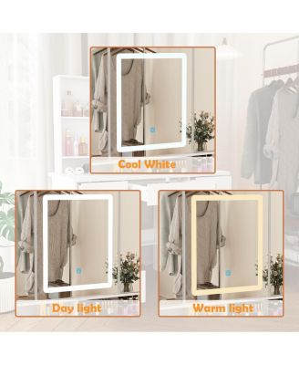 Pink Modern Makeup Vanity Desk 9-Drawers Wood Dressing Table with 3 Mirrors, Hidden Storage Shelves, LED Lighted Lights