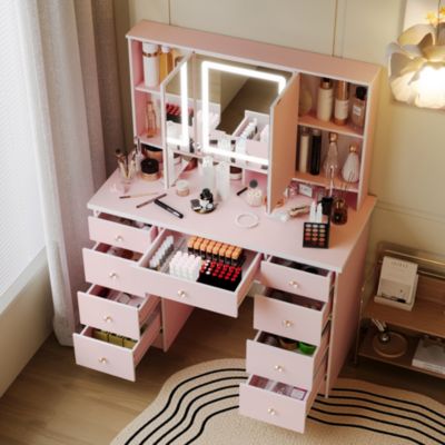Pink Modern Makeup Vanity Desk 9-Drawers Wood Dressing Table with 3 Mirrors, Hidden Storage Shelves, LED Lighted Lights
