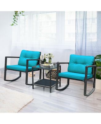 3 Pieces Cushioned Patio Rattan Set with Rocking Chair and Table-Blue