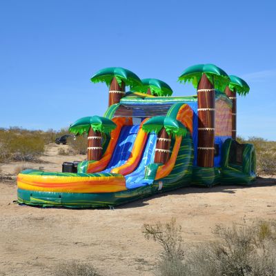 Cali Palms Commercial Grade Bounce House Water Slide with Dual Lane and Detachable Pool for Kids and Adults (with Blower), Tunnel Entrance, Basketball Hoop, Wet Dry Use, Obstacle Pop Ups