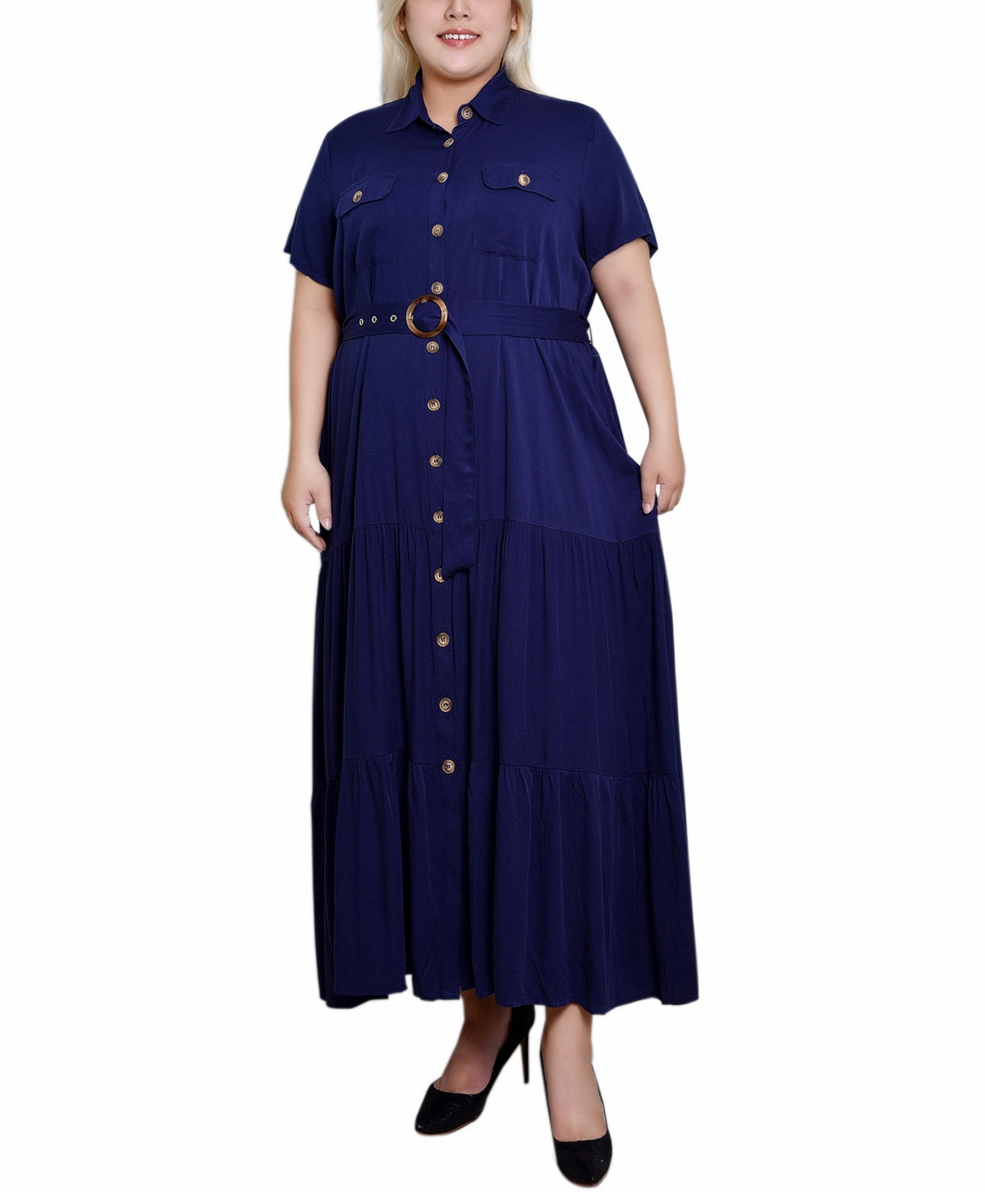 Ny Collection Plus Size Short Sleeve Midi Twill Dress In Navy