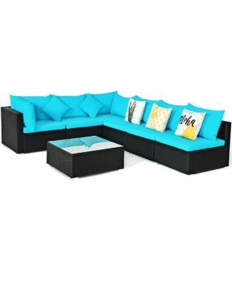 7 Pieces Sectional Wicker Furniture Sofa Set with Tempered Glass Top-Blue