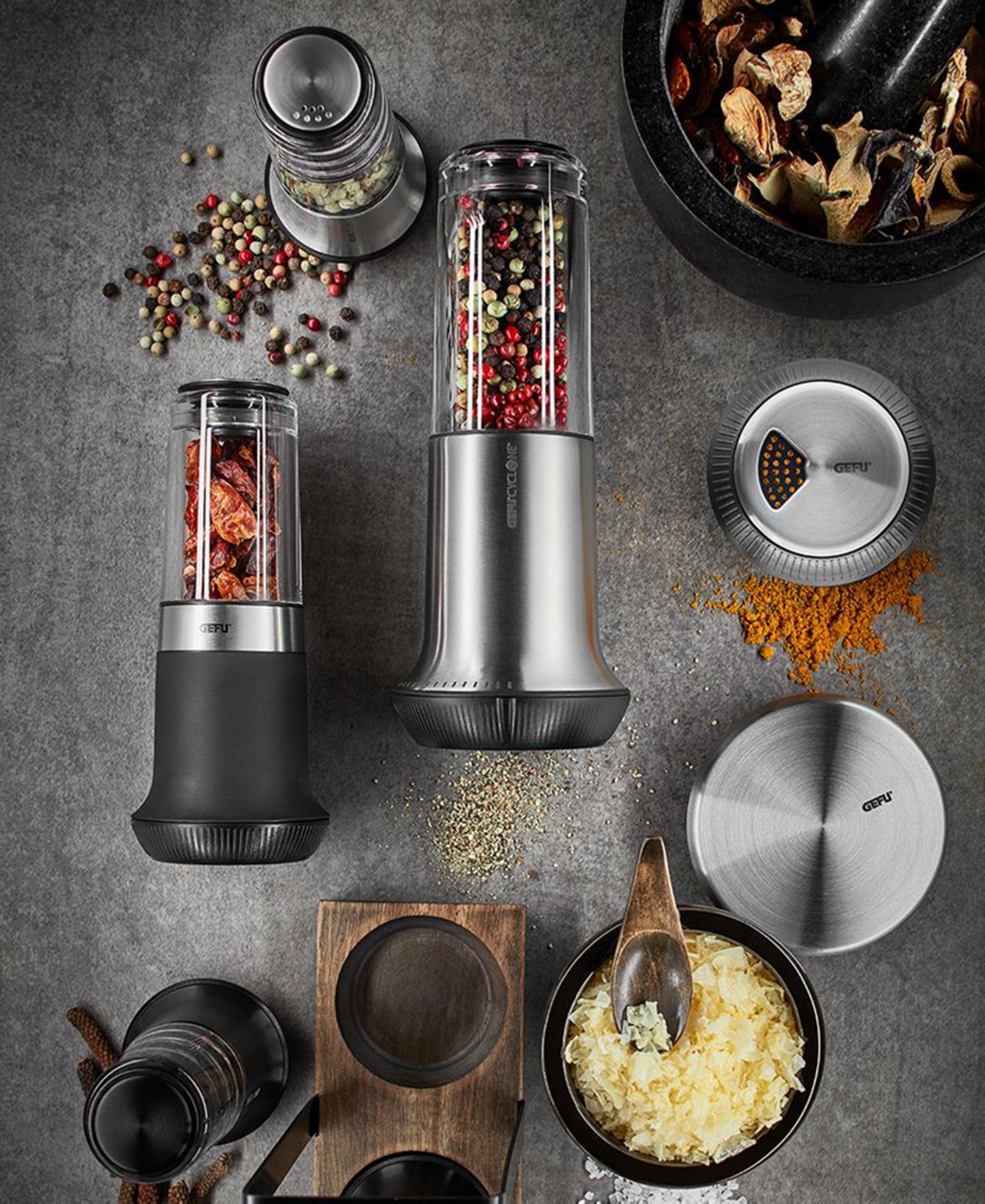Gefu Stainless Steel With Ceramic Grinder Satin Finish Small Salt And Pepper Mill Set In Silver