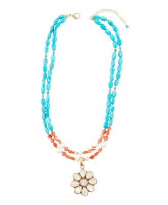 Hibiscus Genuine Multi Stone Mother of Pearl Bronze Flower Pendant Necklace