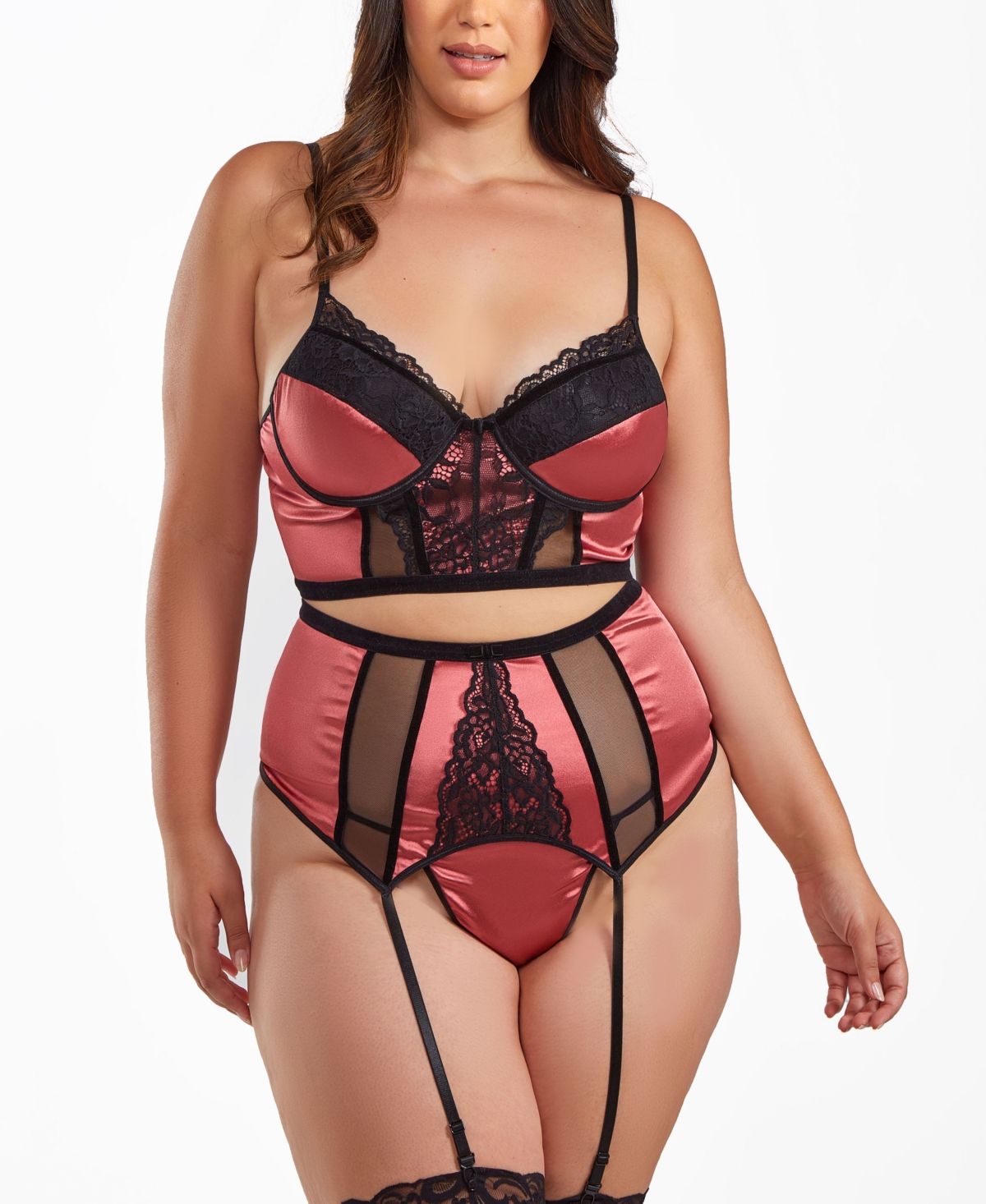 Shop Icollection Plus Size 3pc Underwire Padded Bra, Garter Skirt And Thong Satin Lingerie Set In Medium Pin