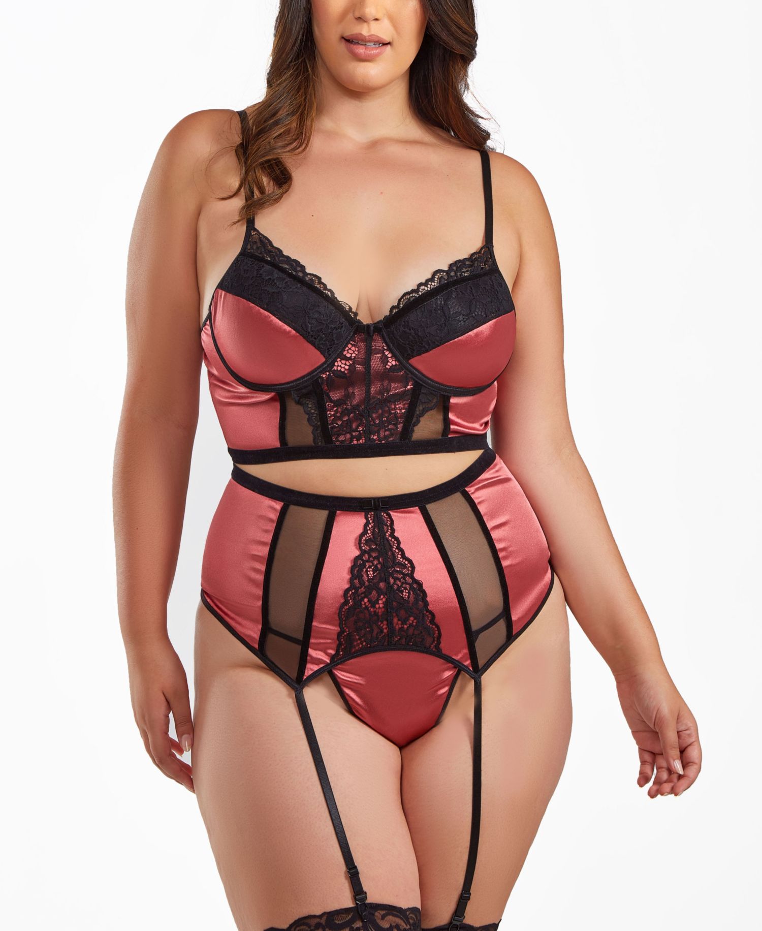 Plus Size 3-Piece Underwire Padded Bra, Garter Skirt and Thong Satin Lingerie Set