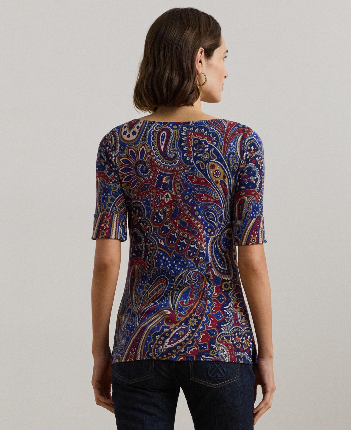 Lauren Ralph Lauren Women's Paisley Stretch Cotton Boatneck Tee -red/cream