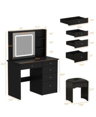 5-Drawers Black Wood LED Push-Pull Mirror Makeup Vanity Sets Dressing Table Sets with Stool and 3-Tier Storage Shelves