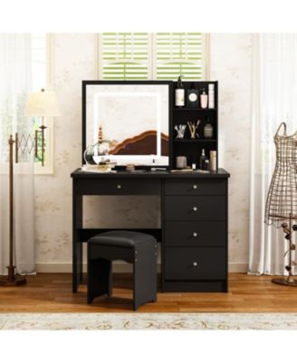 5-Drawers Black Wood LED Push-Pull Mirror Makeup Vanity Sets Dressing Table Sets with Stool and 3-Tier Storage Shelves