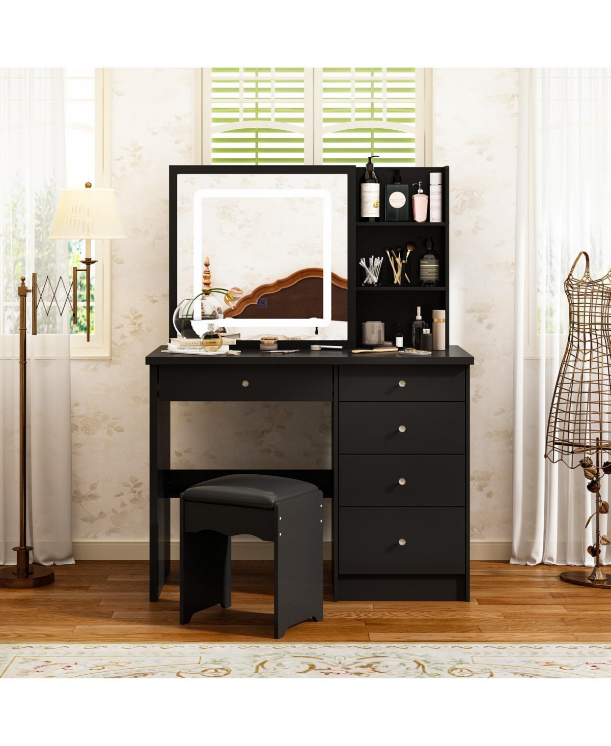Famapy 5-Drawers Black Wood Led Push-Pull Mirror Makeup Vanity Sets Dressing Table Sets with Stool and 3-Tier Storage Shelves