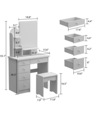 5-Drawers White Makeup Vanity Table Wooden Dressing Desk With Mirror and 3-Tier Storage Shelves