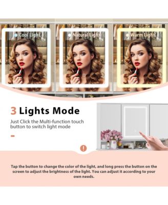 White Makeup Vanity Table Dressing Desk 3-Mirrors,LED Lighted, 9-Drawers, Hidden Storage Shelves, Carved Metal Handles