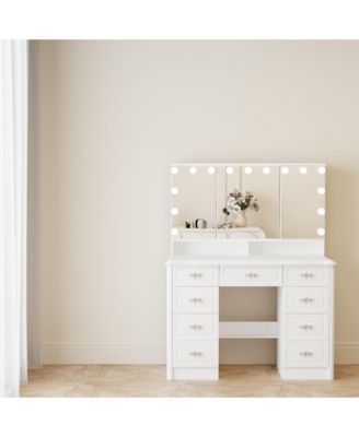 White Makeup Vanity Table Dressing Desk W/3-Mirrors,Lighted Mirror, Drawers, Hidden Storage Shelves Carved Metal Handles