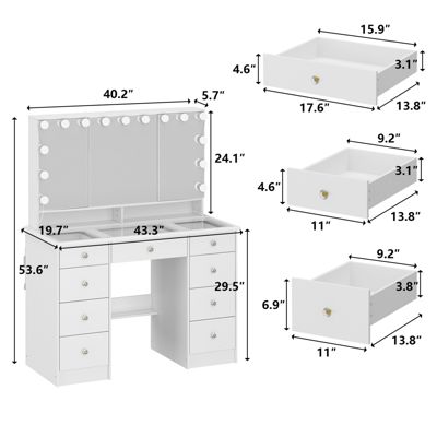 White Makeup Vanity Desk 9 Drawers Wood Dressing Table With 3 LED Bulb Light Mirrors, Glass Top, Hidden Storage Shelves