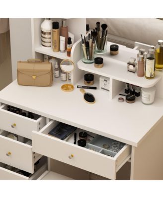 5-Drawers White Makeup Vanity Table Wooden Dressing Desk With Mirror and 3-Tier Storage Shelves