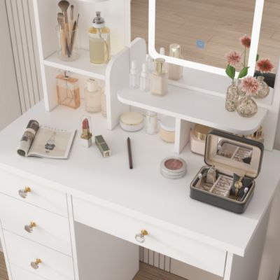 5-Drawer Vanity Set with LED Mirror, Cushioned Stool, and 3-Tier Storage Shelves – Pink MDF Dressing Table