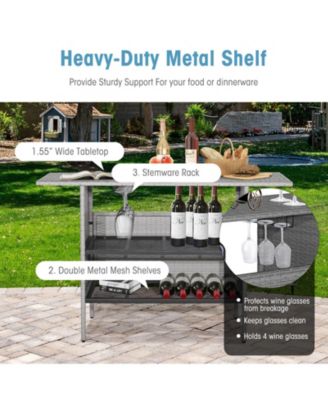 Outdoor Patio Wicker Bar Table with Metal Shelves
