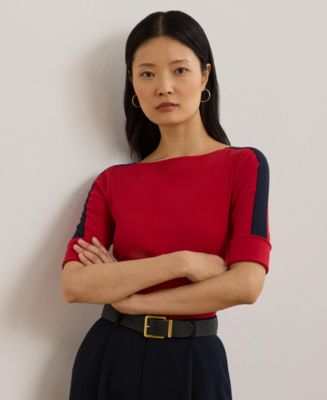 ラルフ・ローレン Lauren Ralph Lauren Plus Size Striped Cotton Elbow-sleeve V-neck T Women's Lauren Ralph Lauren Plus Size Striped Cotton Elbow