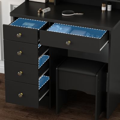 Light Mirror 5-Drawers Black Wood Makeup Vanity Set Dressing Desk