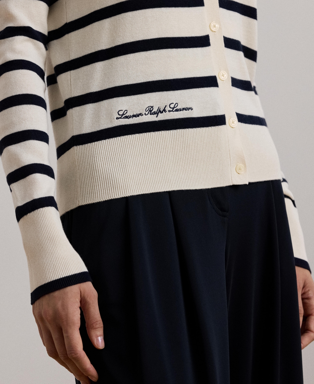 Lauren Ralph Lauren Women's Striped Cotton-Blend Cardigan, Regular & Petite - Mascarpone Cream  Lauren Navy