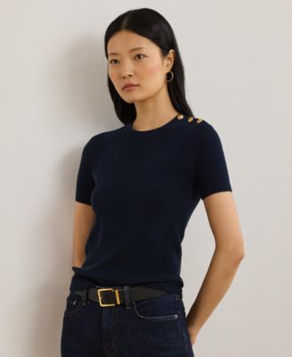 Lauren Ralph Lauren - Women's Button-Trim Cotton Short-Sleeve Sweater