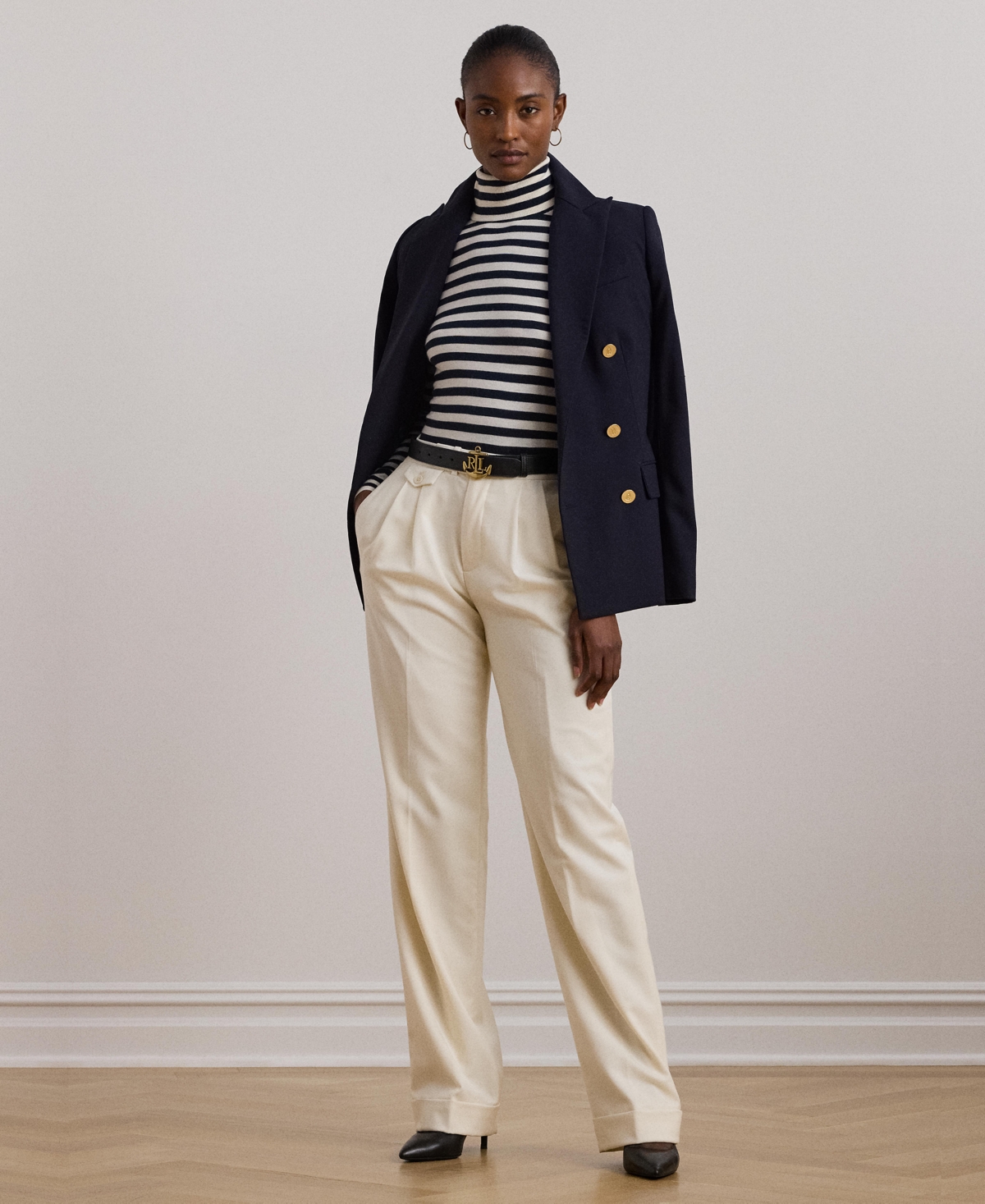 Lauren Ralph Lauren Women's Striped Silk-Blend Turtleneck Sweater -mascarpone Cream