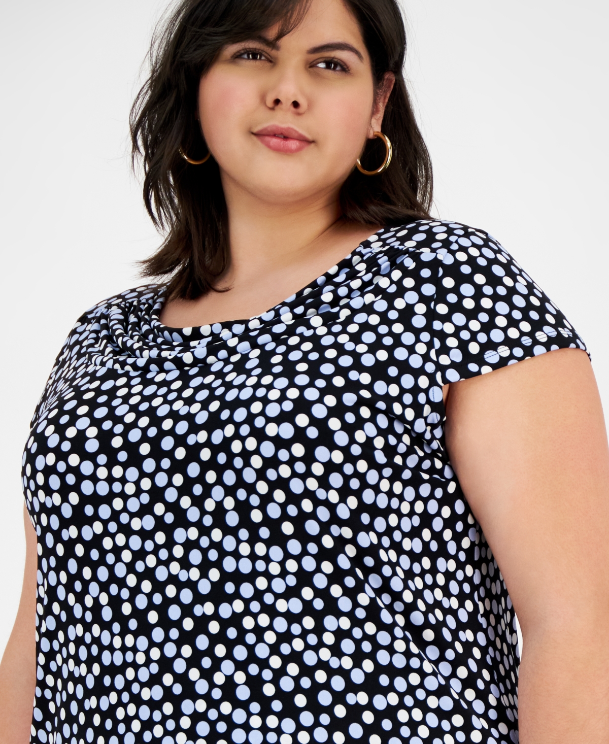 Kasper Plus Size Printed Cowlneck Cap-sleeve Blouse In Black Multi