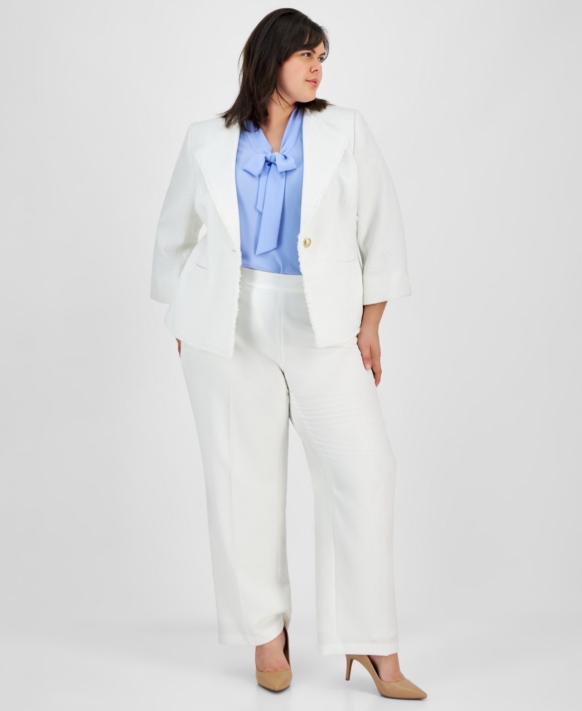 Kasper Plus Size Tweed One-button Trimmed Blazer In Vanilla Ice