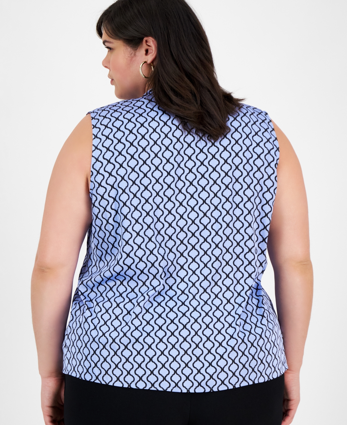 Kasper Plus Size Satin Sleeveless Tie-neck Blouse In California Sky,black