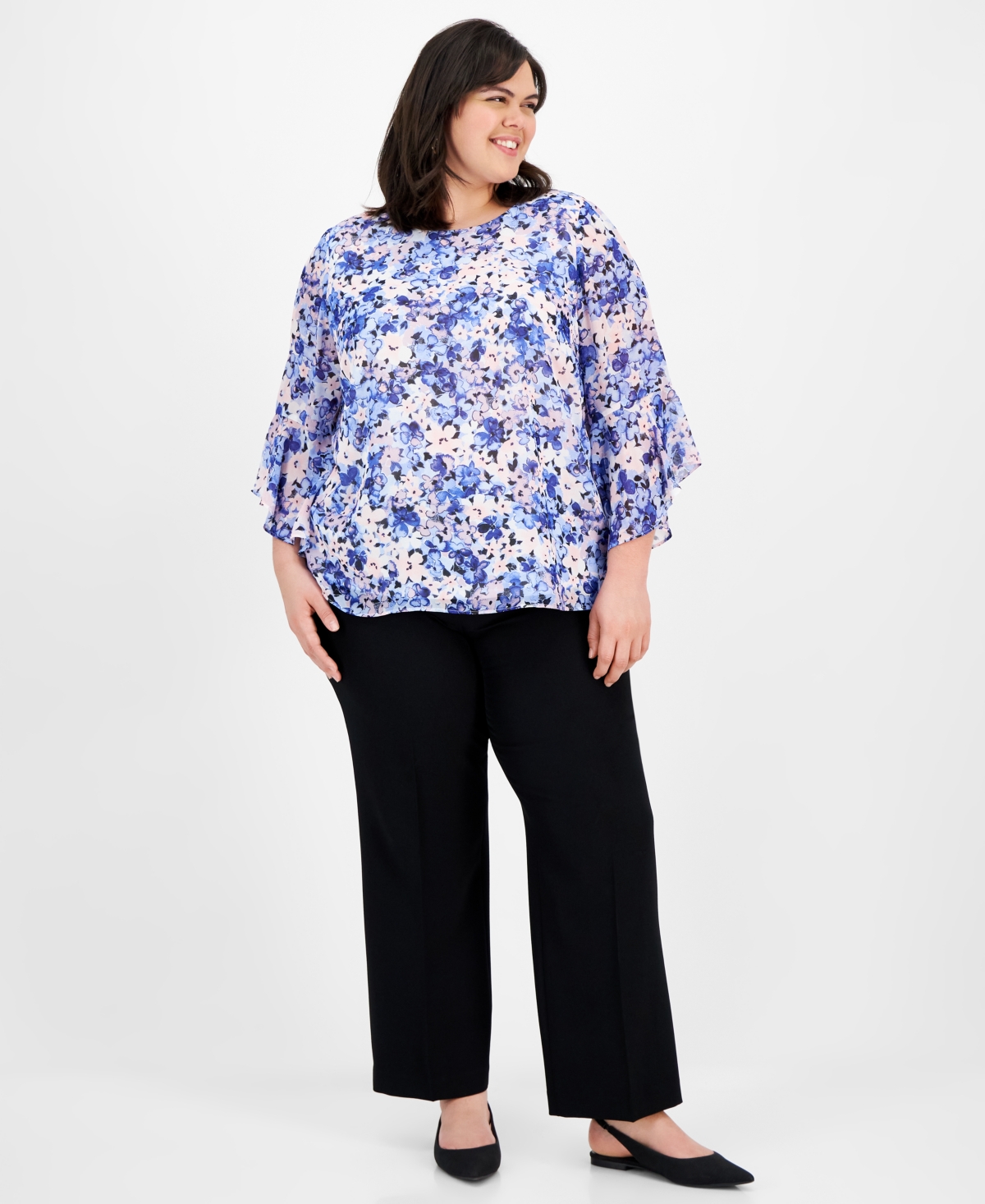 Kasper Plus Size Floral-print Ruffled Blouse In California Sky Multi