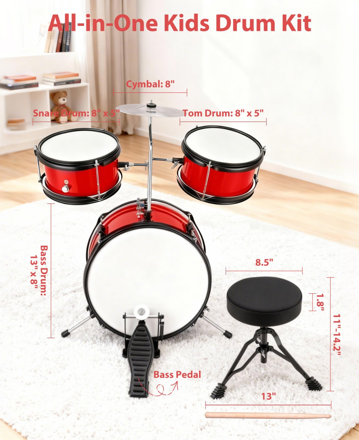 Sugift 3-Piece Kids Drum Set with Adjustable Stool, Bass Pedal & Cymbal – Realistic Junior Drum Kit for Ages 3+