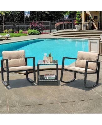 3 Pieces Cushioned Patio Rattan Set with Rocking Chair and Table