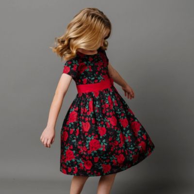Little Girls Short Sleeve Ruffle Collar Party Dress with Bow, Toddler|Child