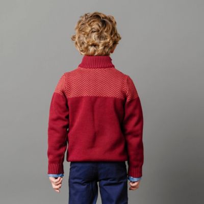 Boys Organic Long Sleeve Mock Neck Button Sweater with Intarsia Yoke
