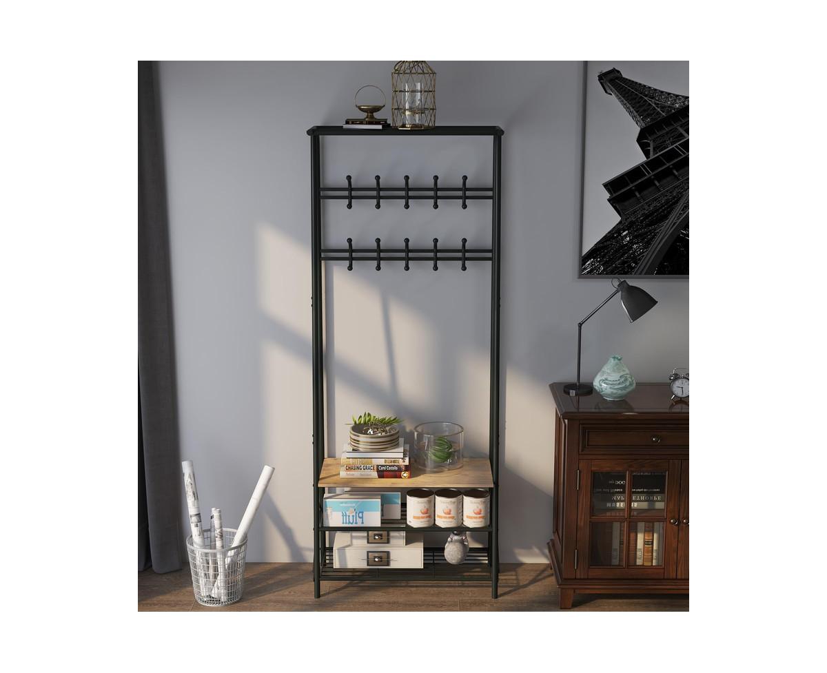 Garmin Coat Rack Shoe Bench with 5/10 Hooks, Hall Trees Entryway Bench with Storage for Entryway, Living Room, Bedroom,- Brown