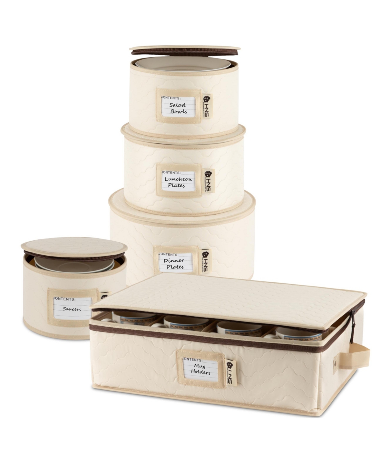 Hard Shell China Storage Containers 5-Piece Set Moving Boxes for Dinnerware Service for 12 - Beige quilted