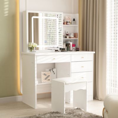 5-Drawers White Makeup Vanity Sets Dressing Table Sets with LED Dimmable Mirror, Stool and 3-Tier Storage Shelves