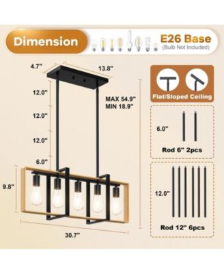 5-Light Farmhouse Kitchen Island Pendant, Adjustable Rattan & Metal Fixture with Remote for Dining Room, Table, or Kitchen Island.