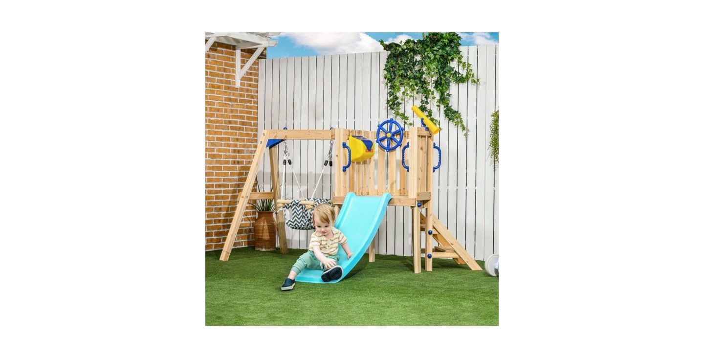 Детские игрушки Slickblue Wooden Swing Set with Toddler Slide, Climbing Steps & Accessories, Ages 1-4, цвет: Синий — фото 3