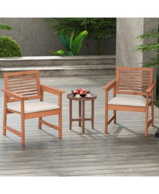 Set of 2 Patio Solid Wood Dining Chairs with Cushions and Slatted Seat