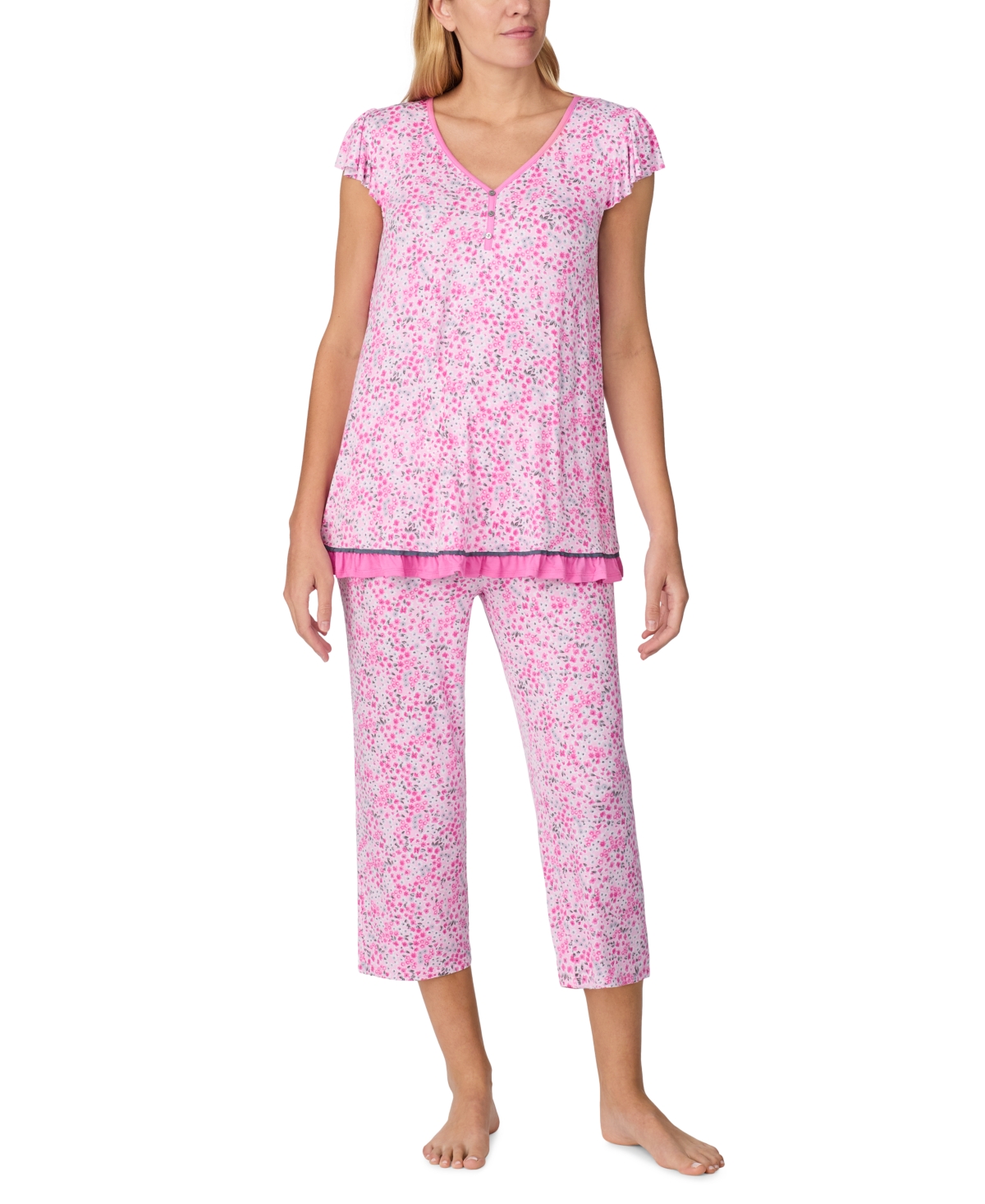 Women's Cropped Flutter-Sleeve Floral Pajama Set - Pink Multi