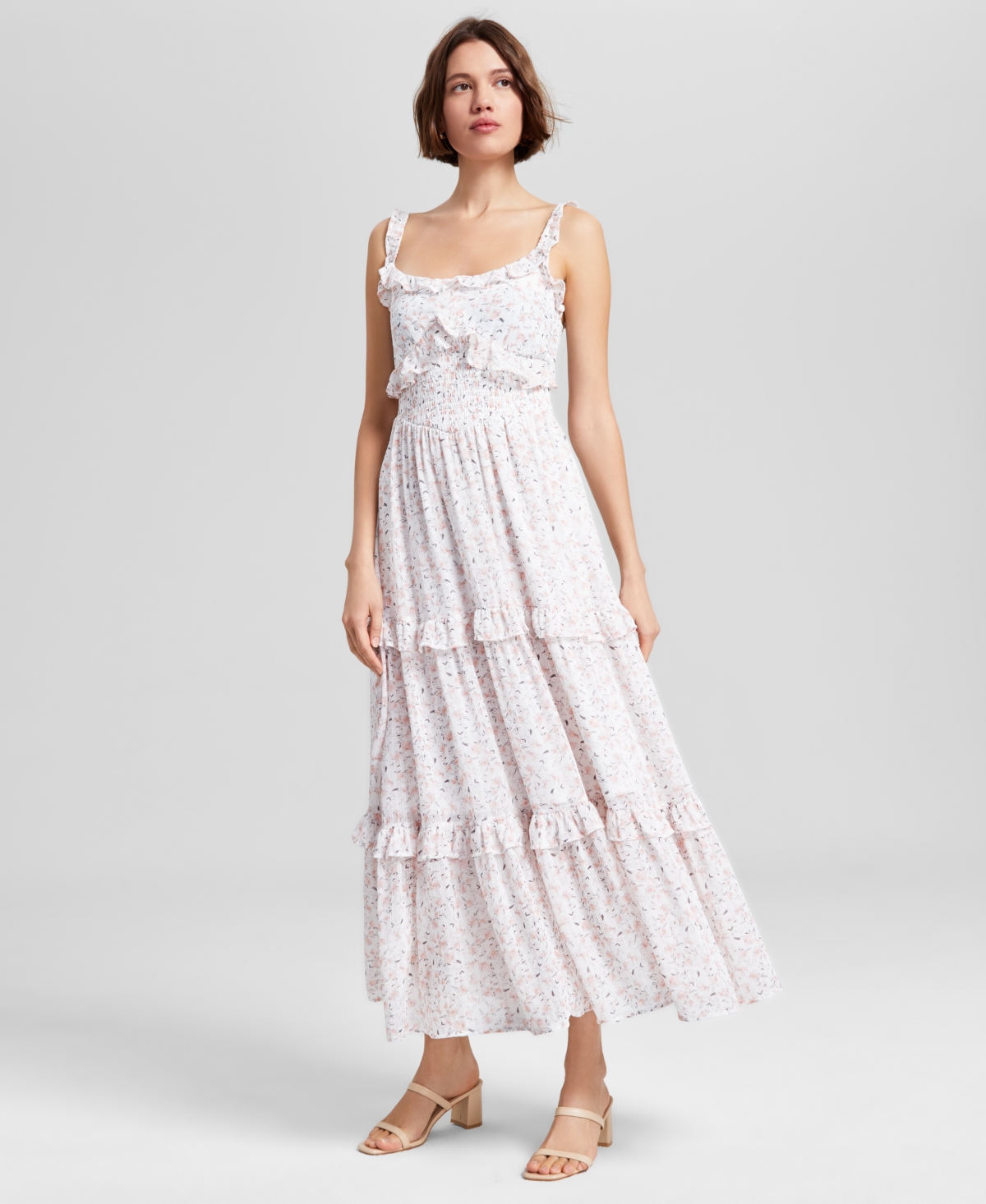 And Now This Women's Floral-print Ruffled Tiered Smocked-waist Maxi Dress, Exclusively At Macy's In Sea Lily Pink