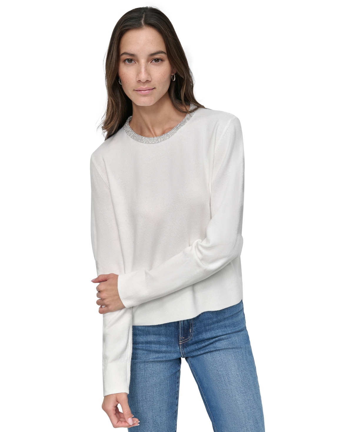 Shop Dkny Jeans Petite Embellished Trim Sweater Top In Ivory