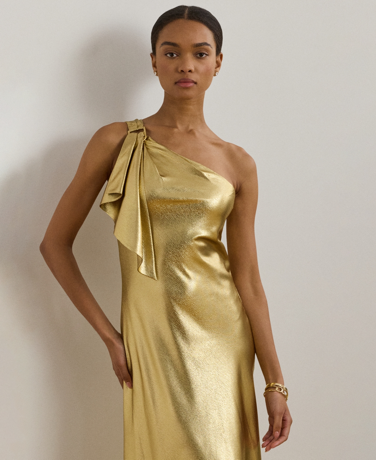Ralph Lauren Metallic Charmeuse One-shoulder Gown In Gold