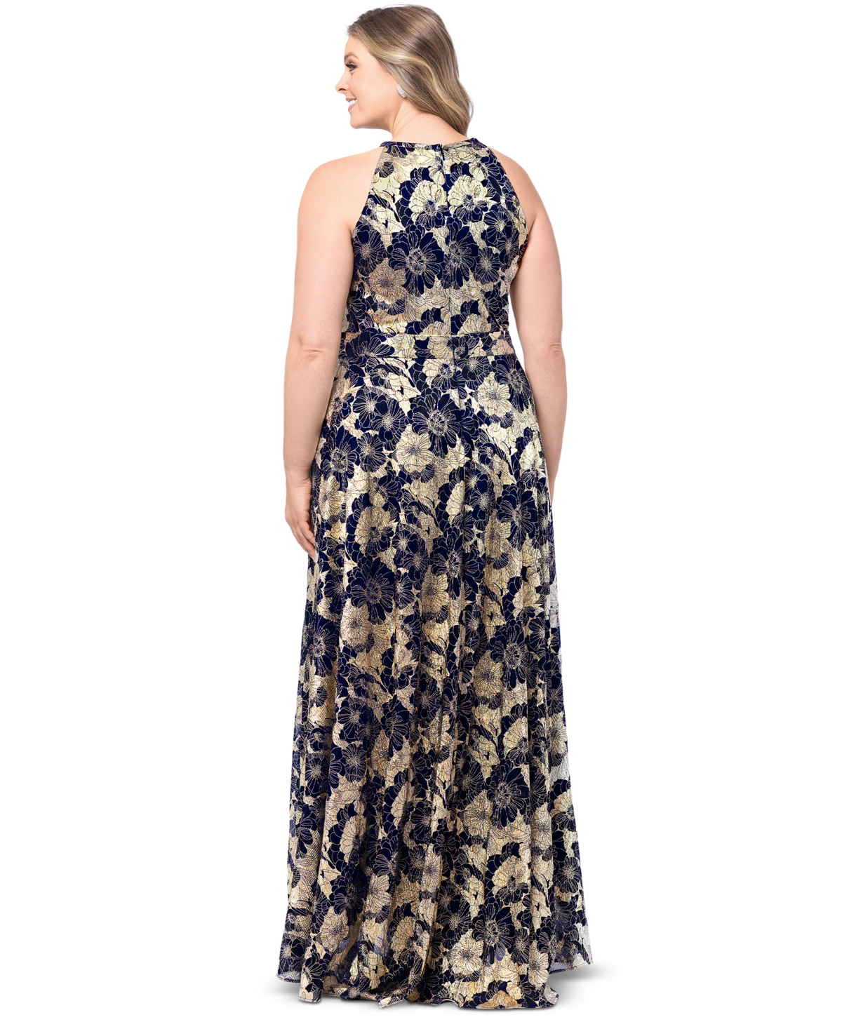 BETSY & ADAM PLUS SIZE FLORAL FOIL PRINT HALTER-NECK GOWN 